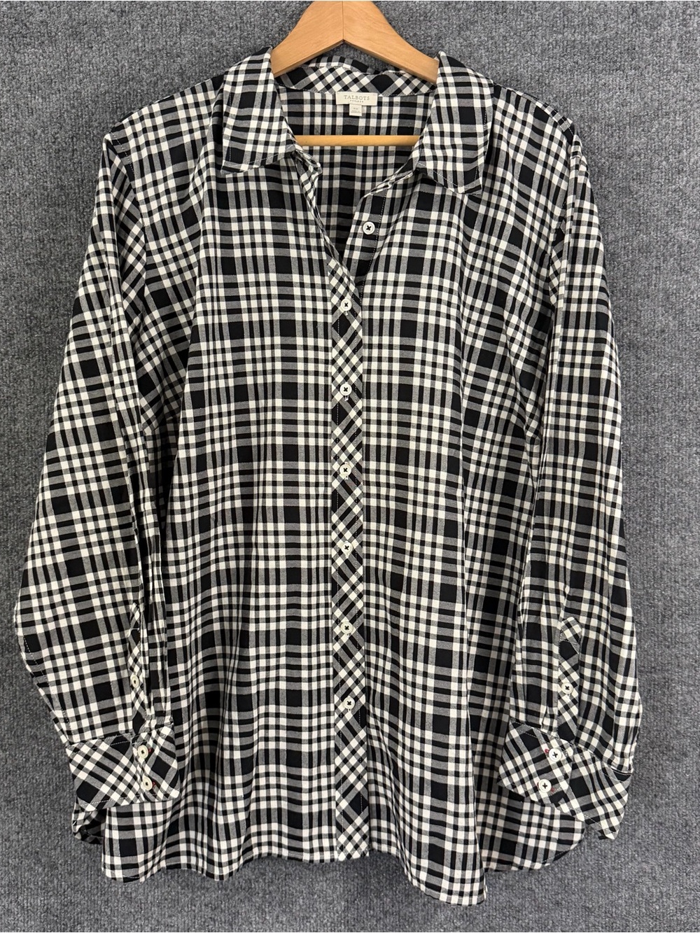 Talbots Womens 3X Plaid Button Up Top Long Sleeve Black White Silver Metallic